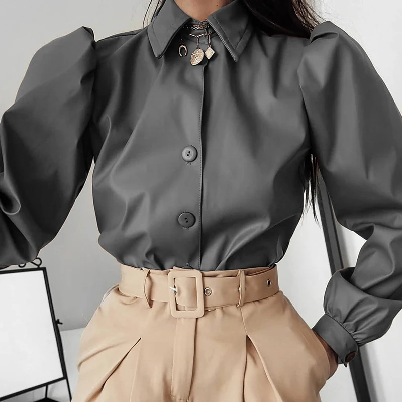 Waatfaak, однотонная Зимняя Блузка с длинным рукавом, женская элегантная кожаная блуза на пуговицах, Женская Повседневная красная офисная блуза, топ, винтажная