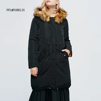 

Women's fur hooded cotton pockets winter warm jacket solid color large size drawstring slim cotton suit