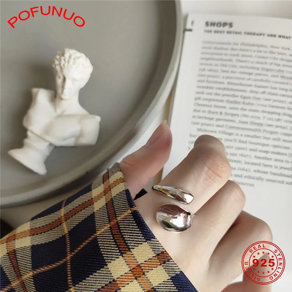 

POFUNUO 925 Sterling Silver Irrgular Water Drop Rings Women Stylish European Smooth Surface Chic Rings Lovers Girl Friend Gifts