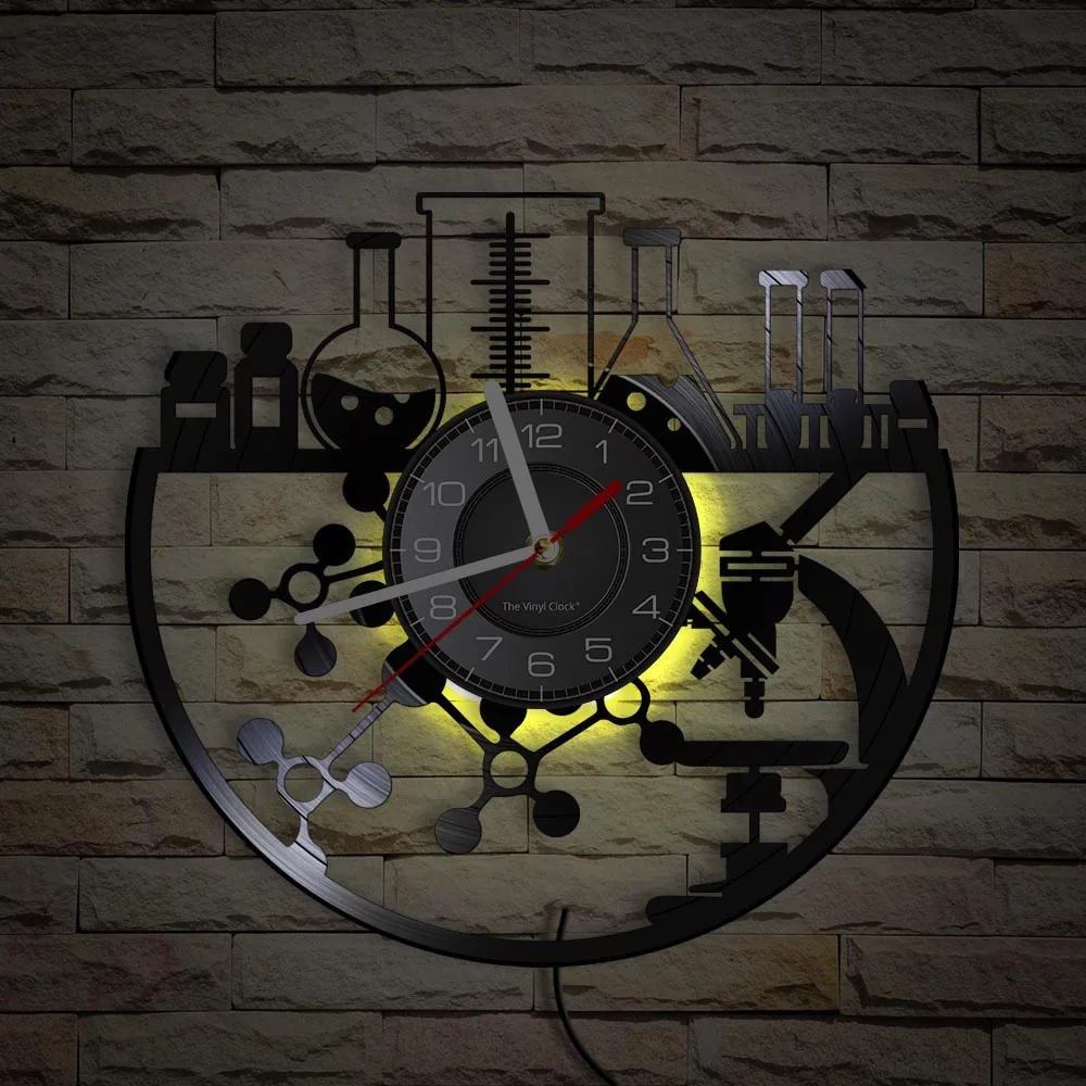 Chemical Experiment Vinyl Record Wall Clock Chemistry Microscope Bunsen Burner Retro Wall Watch Laboratory Science Decor Watch