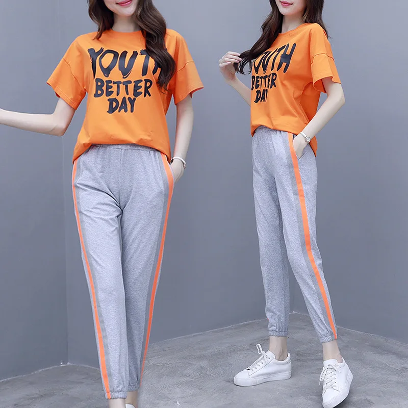 

Summer Sports WOMEN'S Suit Loose-Fit Korean-style 2019 New Style Summer Large Size Short Sleeve Trousers Running Casual Two-Piec