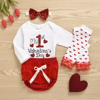 

Pudcoco Newborn Baby Girl Clothes Valentine's Day Print Long Sleeve Romper Tops Tulle Short Pants Headband Leg Warmers 4Pcs Set