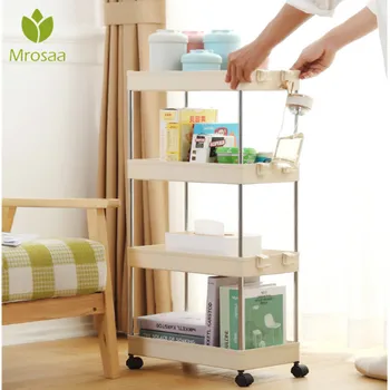 

Kitchen Storage Rack Fridge Side Vertical Shelf 4 Layers Removable With Wheels Bathroom Organizer Shelf Ga p Holder w/ 6 hooks