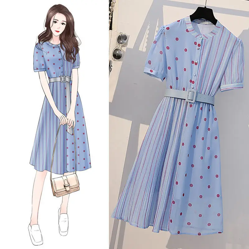 Women's Spring Summer Style Chiffon Dress Women's Elegant Button Short Sleeve Sashes Polka Dot Casual Dress SS1948 Women's Spring Summer Style Chiffon Dress Women's Elegant Button Short Sleeve Sashes Polka Dot Casual Dress SS1948