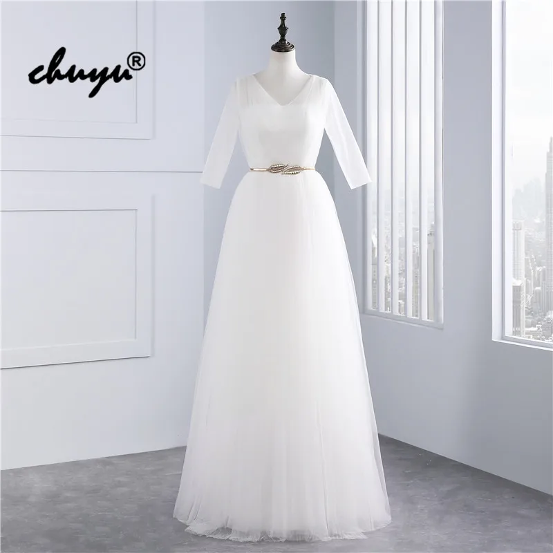 

Real Picture Wedding Dresses Tulle Pleat Gold Sashes A-Line Three Quarter Dubai Arabic Wedding Gown Bridal Dress