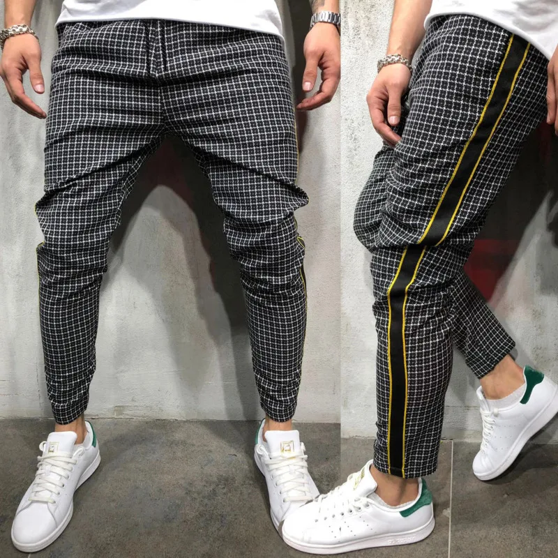 

European Size Track Pants Men's Slim Fit Webbing Plaid Tie Legged Casual Men Streetwear Sport Harem Trousers hip hop