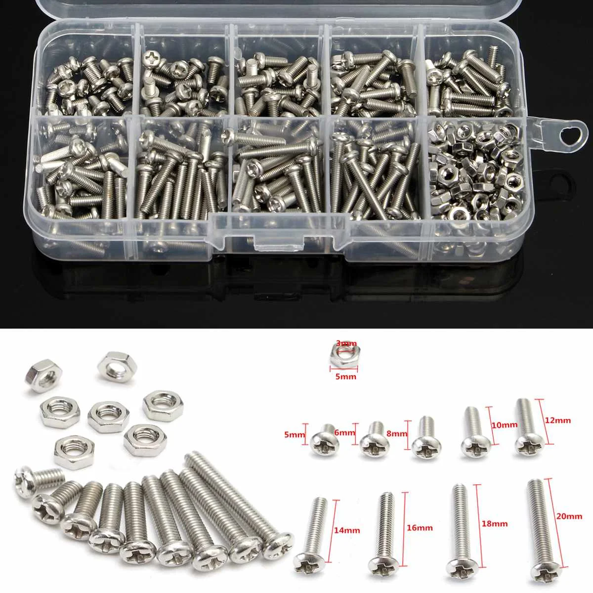 

340pcs/Box Repair Tools Set M3 Cross-headSet Screw Bolts Nut 304 Stainless Steel Cap Head Screw Set Fastener Assortment Kit