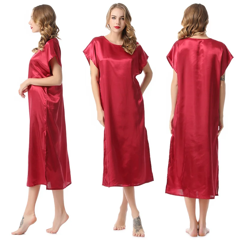 

Женская атласная шелковая ночная рубашка с коротким рукавом пикантные ночные рубашки с разрезом платье миди ночная рубашка свободная повседневная сорочка одежда для сна