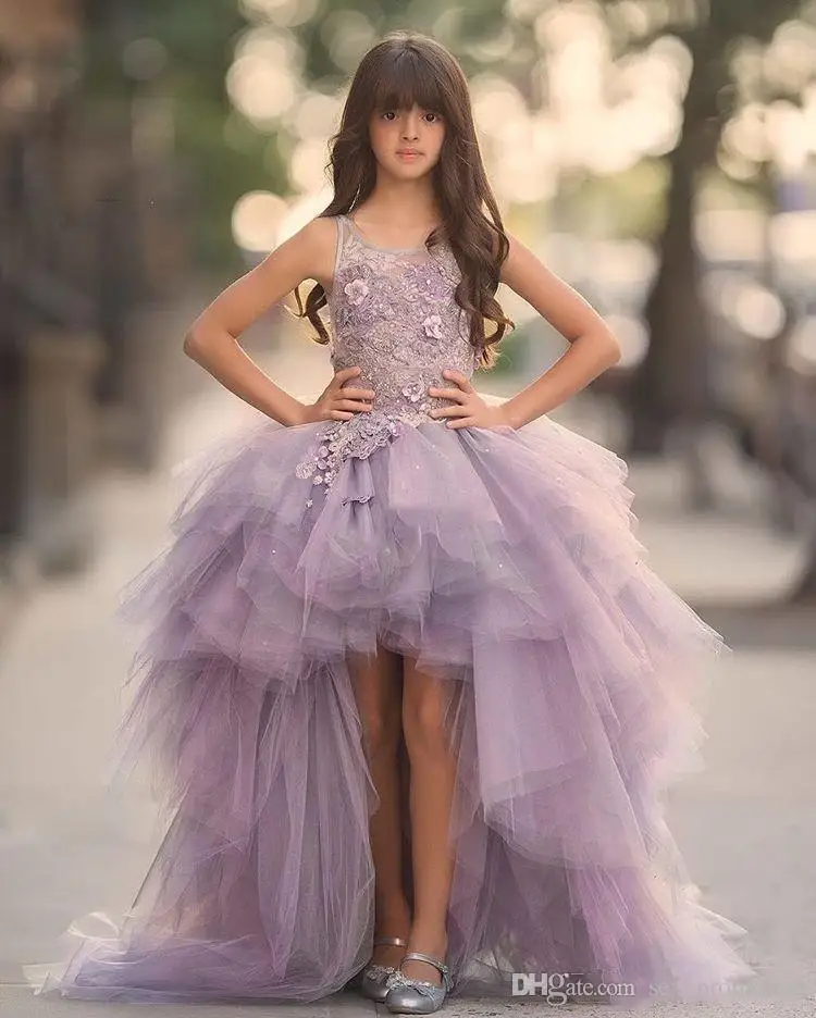

Lavender High Low Pageant Gowns Lace Applique Sleeveless Wedding vestido infantil festa Puffy Kids Communion Flower Girl Dresses