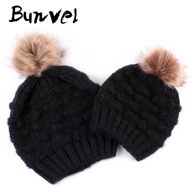 Bunvel Mommy and me Beanie, детская шапка, шапка для маленьких мальчиков, одежда для женщин и мужчин, вязаные теплые зимние шапки для детей, шапка для всей семьи 35 - Цвет: Черный