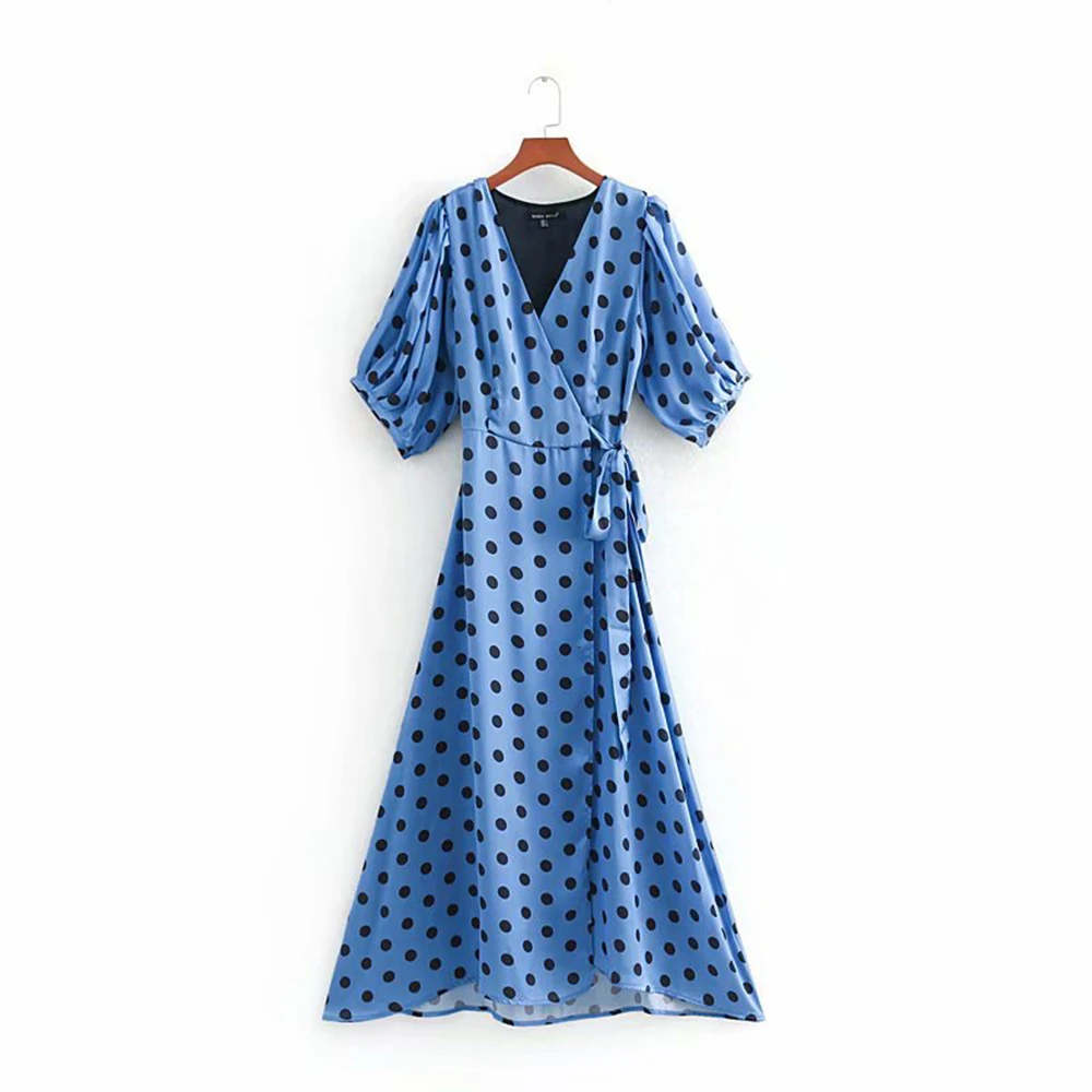 New ZA Polka Dot Dress Women Belt Short Sleeve V-Neck Elegant Charm Temperament Autumn Casual Dress Wholesale - Цвет: 01