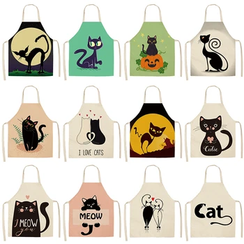 

1Pc Black White Cat Kitchen Aprons For Women Cotton Linen Bibs Household Cleaning Pinafore Home Cooking Apron 53*65cm