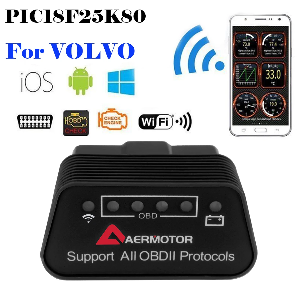 Диагностический сканер OBD2 PIC18F25K80 ELM327 Wi-Fi для Volvo XC60 XC90 XC70 XC40 S90 S80 S70 S60 S40 V40 V60 V90 Android