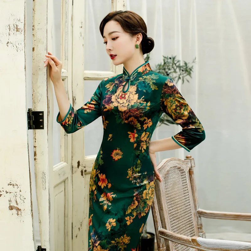 Большие размеры 5XL осенние винтажные Женские китайские традиционные тонкие Qipao классический воротник мандарина сценическое шоу