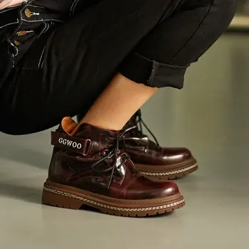 

2020 genuine leather patent cow leather cool martin boots for woman winter autumn retro platform luxury shoes women ankle boots