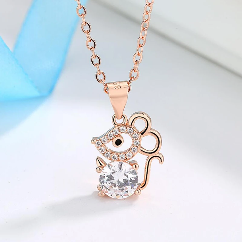 

Latest 925 Sterling Silver Pendant Necklace Women Fashion Jewelry Shiny Zircon Mouse Necklace Lady Chinese New Year Accessories