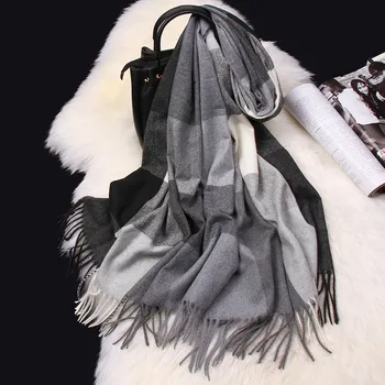 

2019 Autumn Winter Scarf Women Tassels Warm Soft Plaid Scarfs Ladies Faux Cashmere Pashmina Shawls Wraps Black and Grey 200x70cm