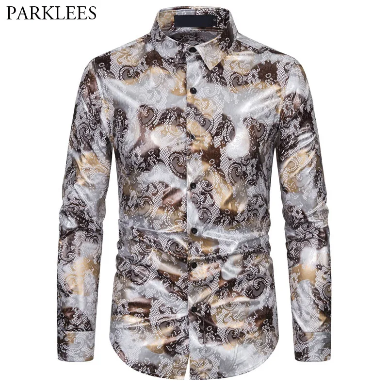 

Paisley Floral Print Bronzing Mens Shirt Casual Slim Fit Men Long Sleeve Shirts Button Up Shirt for Men Party Dance Men Clothes
