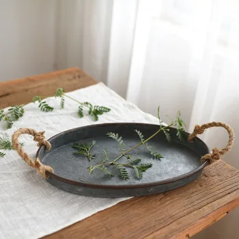 

Hot in 2020Retro Old Wrought Iron Twine Handle Storage Tray Bread Tray Thickened Tray Photo Props Home Decoration