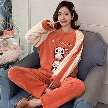 Зимний коралловый бархатный пуловер с круглым вырезом, оранжевая пижама с длинными рукавами, Женский Милый комплект теплой домашней одежды с пандой