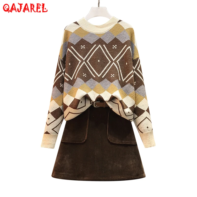 

Two Piece Set Women Elegant Plaid High Waist A-Line Skirts 2024 Autunm Winter Knitted Warm Sweater Ladies Fashion Clothing Suit