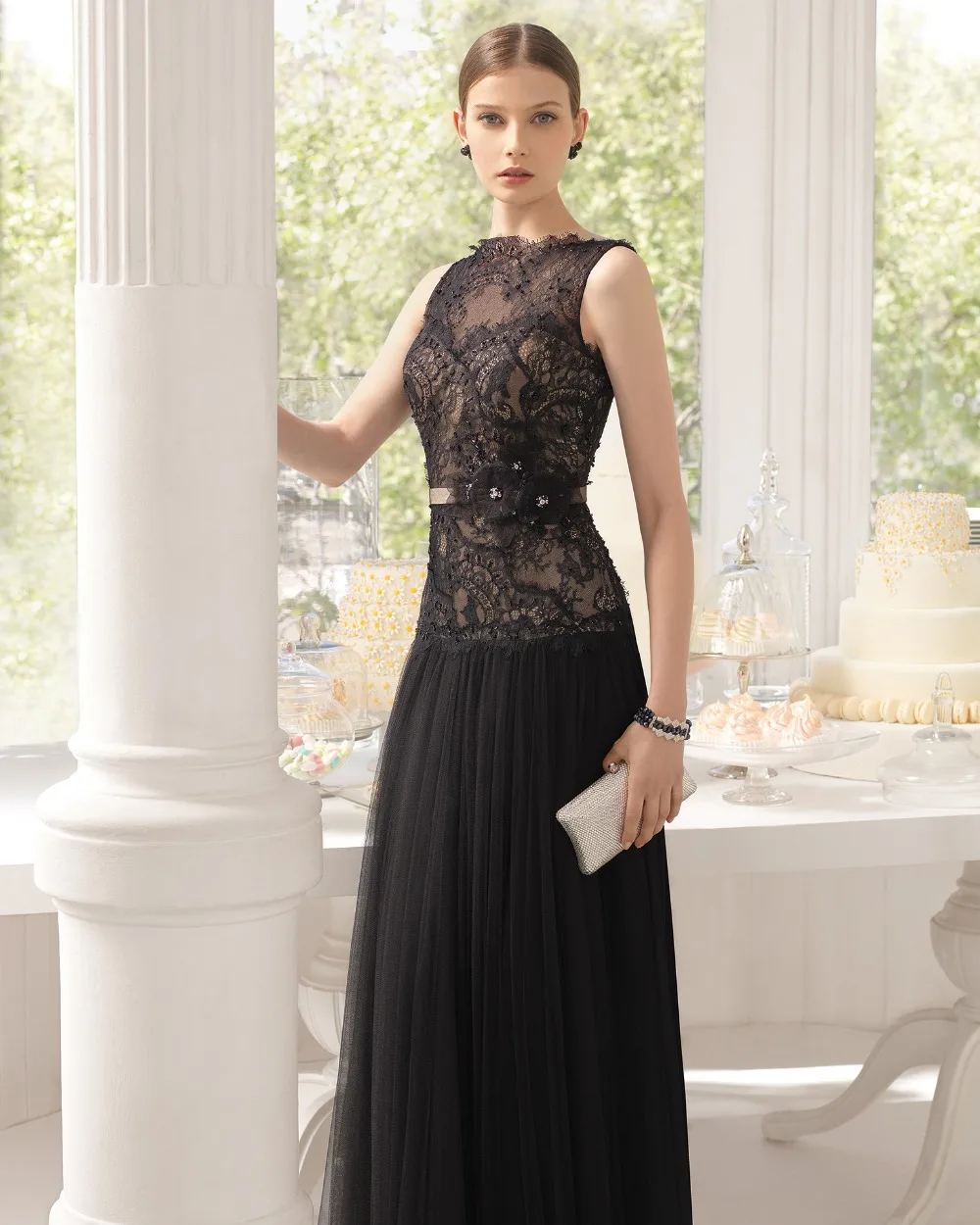 

Elegant Black A-Line Patterns of Lace Formal Sleeveless Long Party Beaded Sheer Top Evening Gown mother of the bride dresses