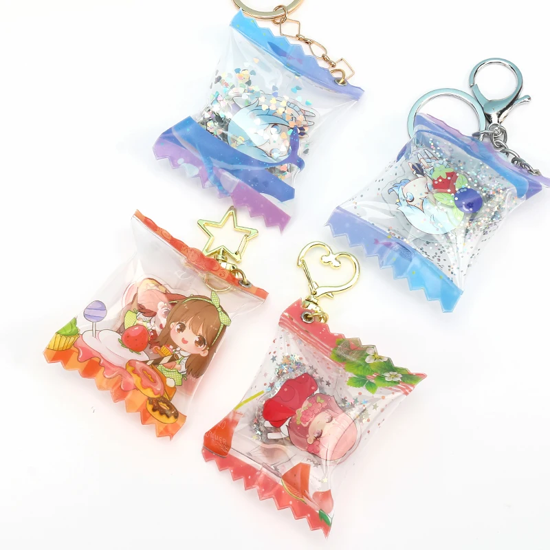 

Cartoon anime acrylic candy keychain hot sale VOGRACE inflated acrylic shake candy bag charms with design