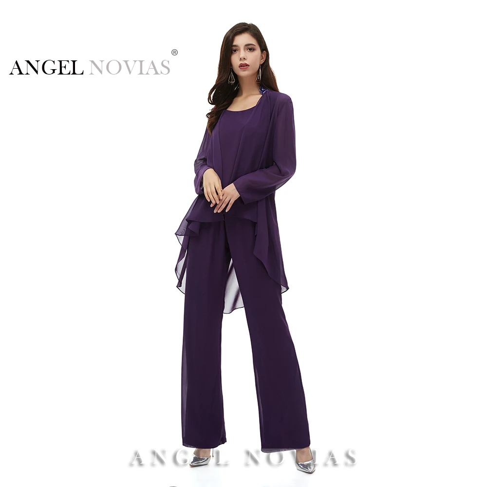 Paars Drie Stuk Moeder van de Bruid Broek Past Jurk met Lange Jassen Lange Mouwen Chiffon Moeder Jurk Voor Bruiloft Paars Drie Stuk Moeder van de Bruid Broek Past Jurk met Lange Jassen Lange Mouwen Chiffon Moeder Jurk Voor Bruiloft