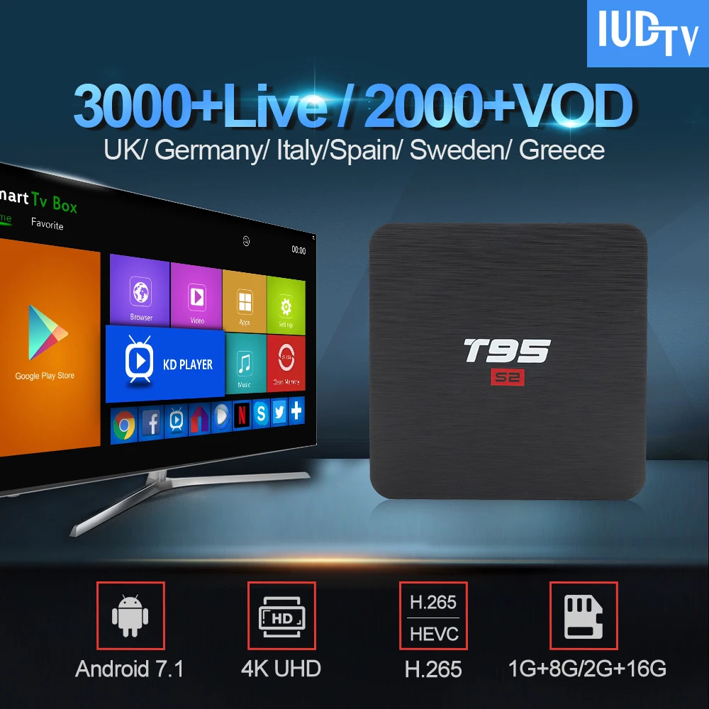 

IPTV Spain Sweden Box Italy Arabic IPTV IUDTV Subscription T95 S2 Android 7.1 Tv Box UK German Greek Swedish Italia India IP TV