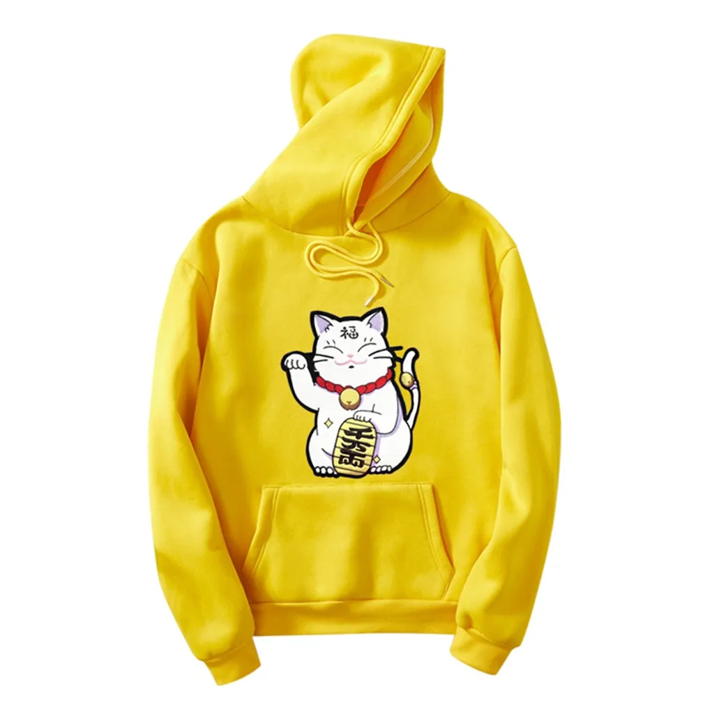 Японский Харадзюку толстовка женская толстовка; осень счастливый кот печати Толстовка Kawaii пуловер с капюшоном топы уличная# B