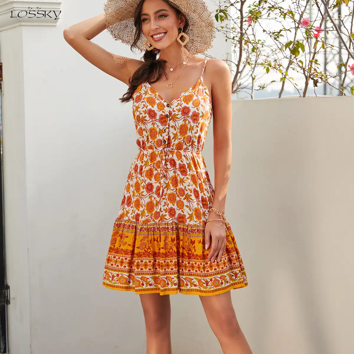 yellow and red floral dress