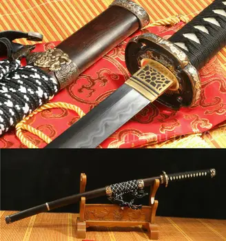 

DAMASCUS STEEL CLAY TEMPERED JAPANESE SWORD KATANA COPPER TSUBA EBONY SAYA