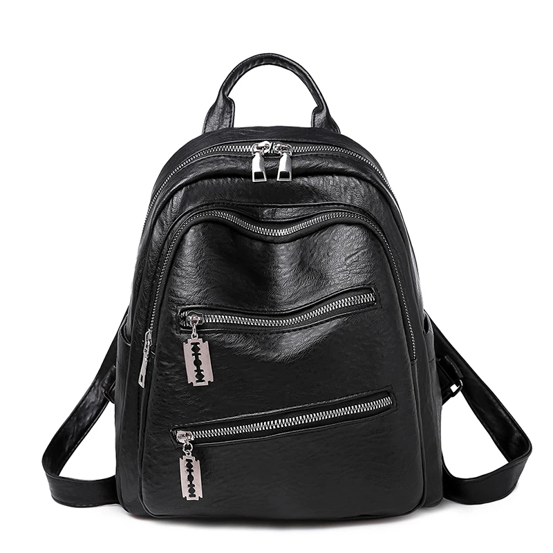 Женские кожаные рюкзаки большой емкости, школьные сумки для девочек-подростков, винтажные сумки, женские дорожные однотонные сумки - Цвет: black
