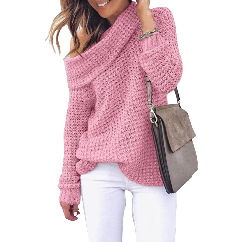 HEFLASHOR женские свободные теплые свитера осень зима сексуальный вязаный с открытыми плечами эластичный Женский пуловер плюс размер 2XL - Цвет: pink