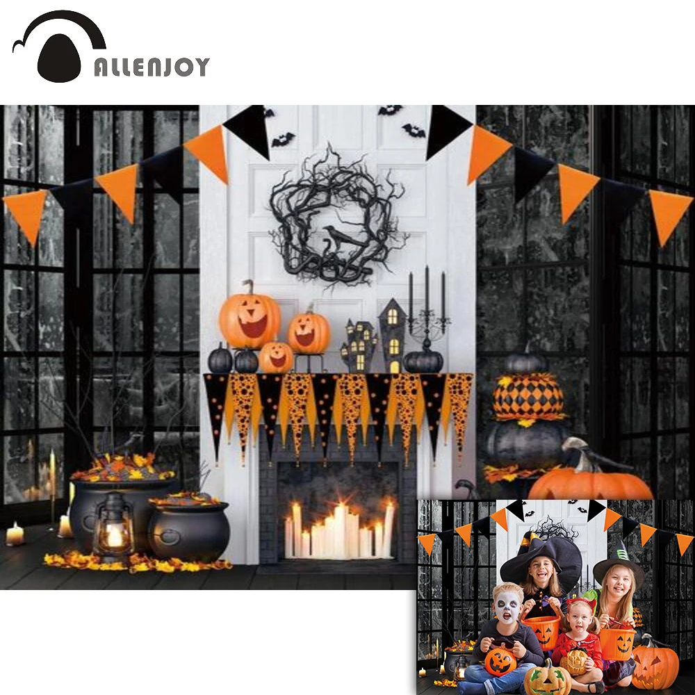 Allenjoy Halloween Photography Backdrop Pumpkin Fireplace Black Window Interior Portrait Photo Studio Background Shoot Photocall