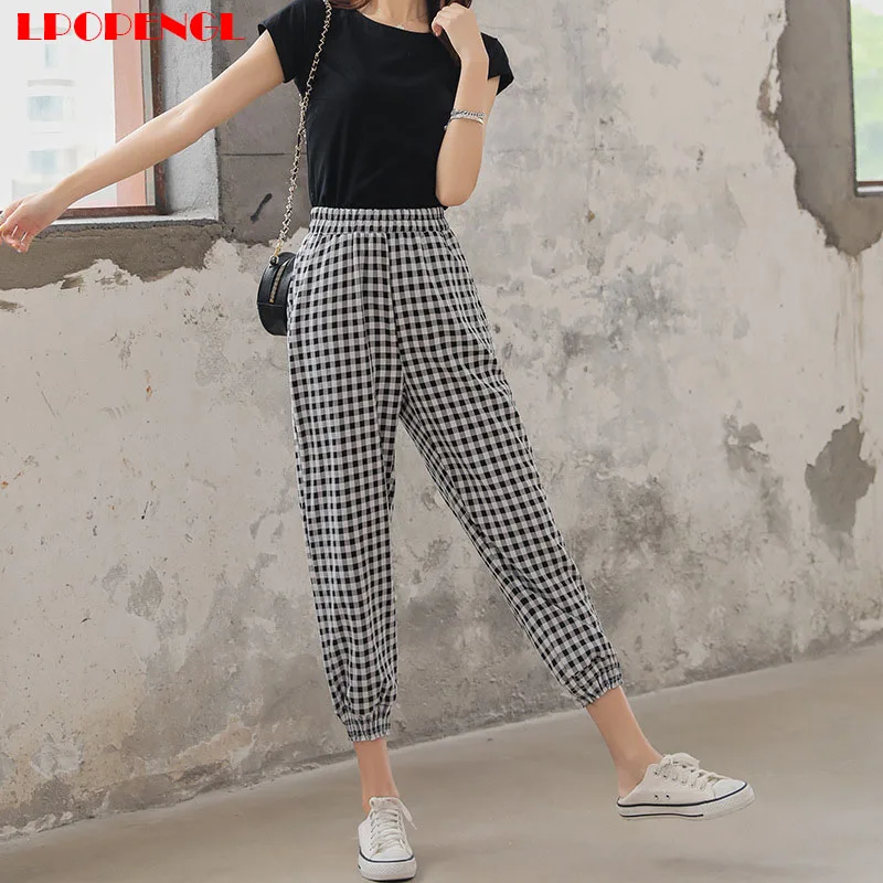 

2020 spring autumn check trousers women's regular style loose high waist slim fashion all-match style polyester material