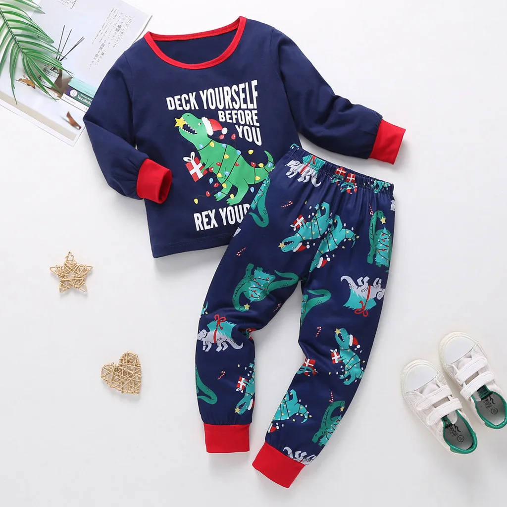 Рождественская одежда для сна с рисунком динозавра для маленьких мальчиков и девочек; пижамы с героями мультфильмов; комплект из рождественской футболки и штанов; осенне-зимняя теплая одежда