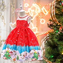Красное рождественское платье с рисунком Санта Клауса, новогодний костюм, Детские платья для девочек, рождественское Вечернее Бальное Платье, Clothes2-6T