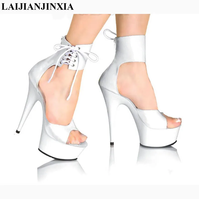 LAIJIANJINXIA Ankle Strap 15CM High Heel Shoes Platforms Pole Dance shoes White 6 inch Women Fashion Shoes Sexy Clubbing Sandals