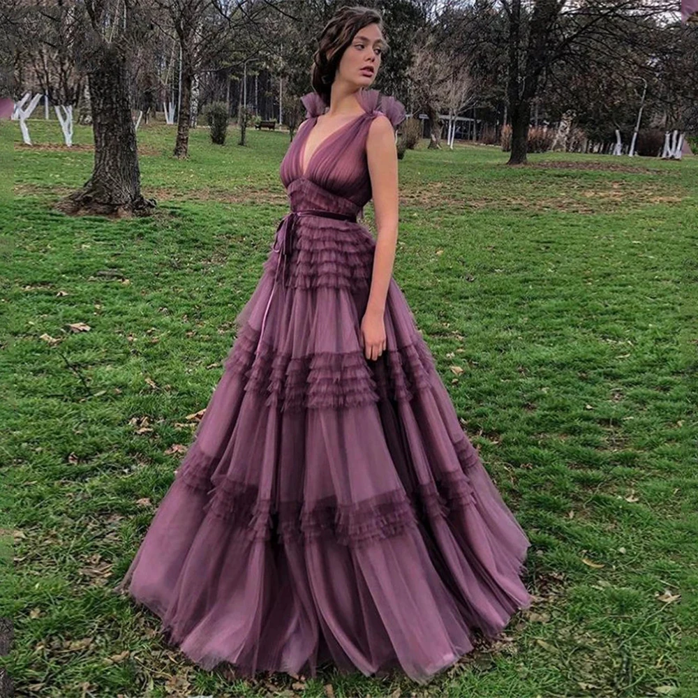 『Cheap!!!』- Elegant Tulle Prom Dresses Pleats Deep V Neck Sleeveless
Backless Purple Empire A Line Formal Evening Party Vestidos De Fiesta