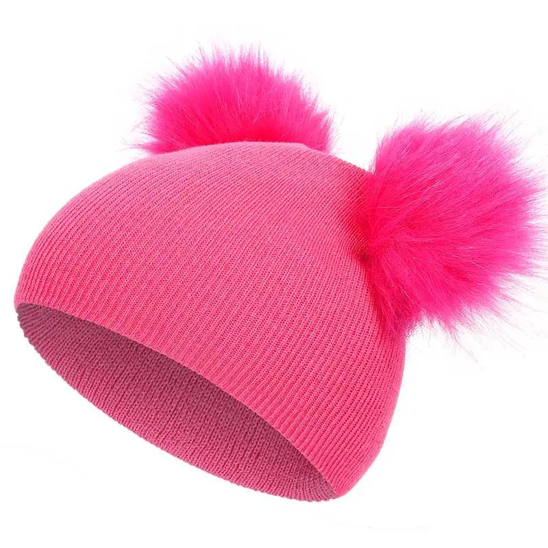 Новинка года; ; детская вязаная зимняя шапка с помпонами для мальчиков и девочек; Детские шапочки с помпонами; милая хлопковая шапка; теплая шапка для младенца - Цвет: Dark Pink