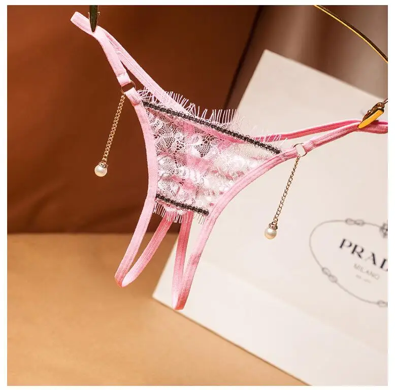 Flower Embroidery Net Yarn Open Crotch Sexy Panties For Women With Pearl Drop Pendant Thongs and G strings Underwear