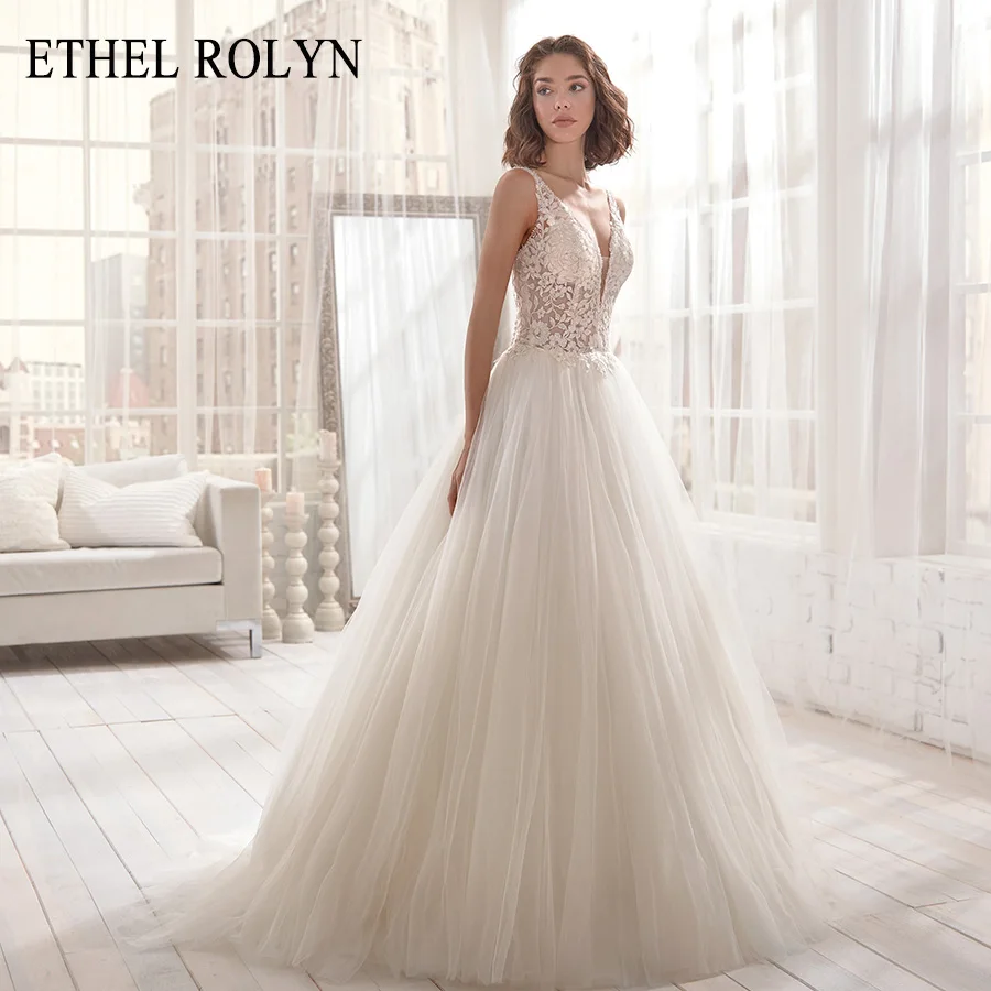 

ETHEL ROLYN Sexy Backless Tulle Wedding Dress 2020 Romantic Beaded Lace Appliques Beach A-Line Bride Dress Boho Vestido De Noiva