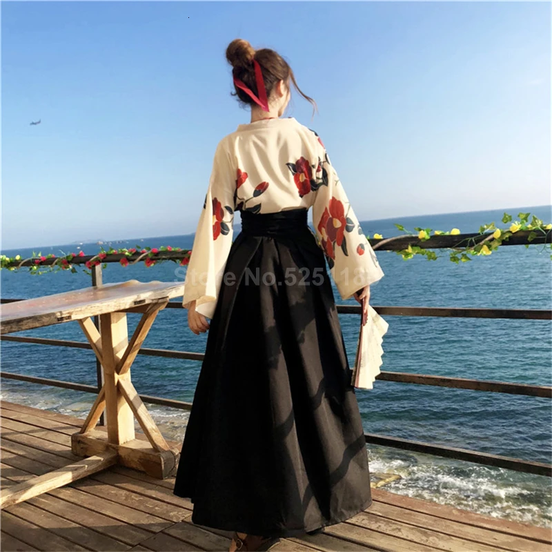Японское кимоно одежда юката девушки Haori Obi с длинным рукавом платья для вечеринок женские Самурайские Топы Цветочная одежда с принтом аниме юбка