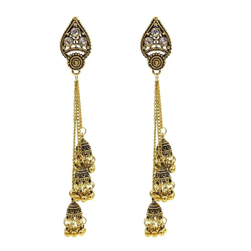 E-5380-G Для женщин индийский окисленный Jhumka Jhumki индийские серьги золотого и серебряного цвета, на крючках с длинной бахромой серьги женские массивные уши афганских ювелирные изделия - Окраска металла: E-5380-G