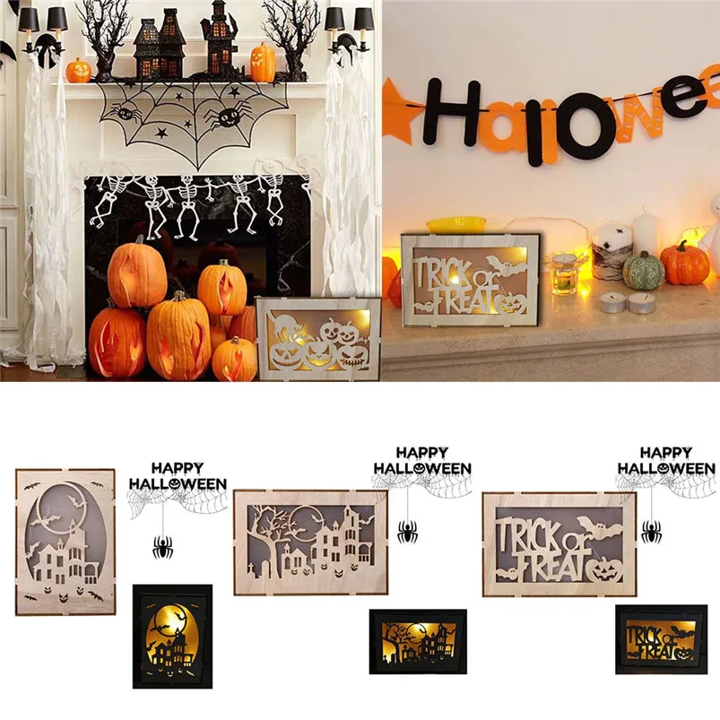 Wooden Hanging Home Decor Pumpkin Haunted House Pendant LED Night Light Halloween Home Decor Adornos Para Casa 30AUG0236