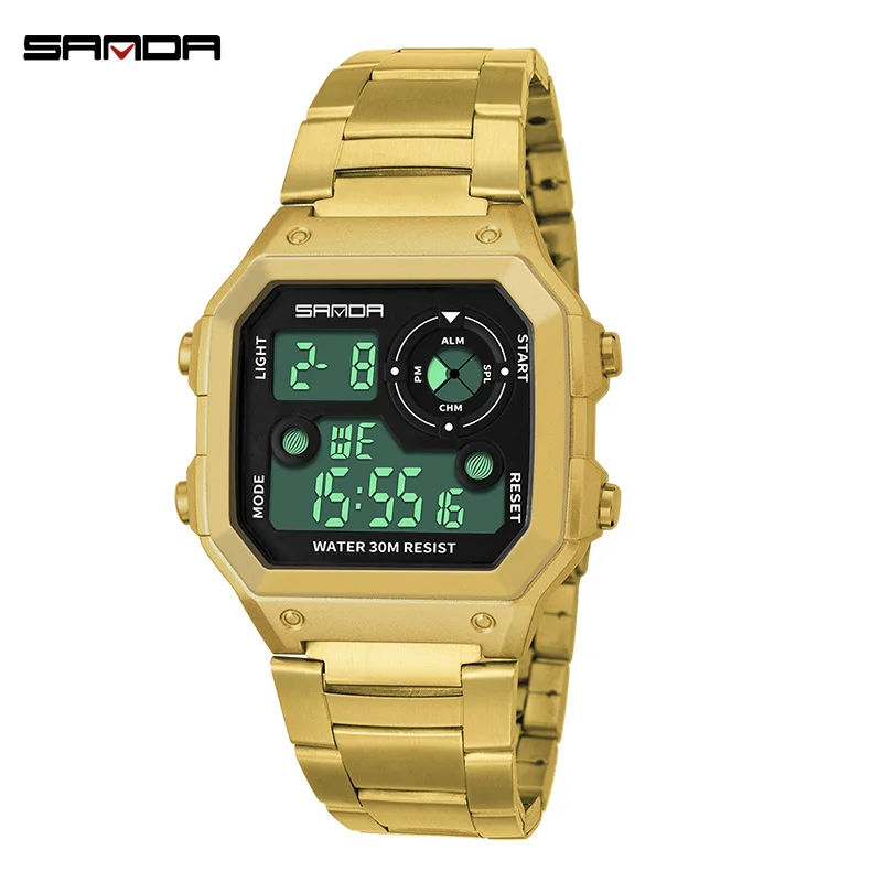 Sanda Brand Stainless Steel Belt Waterproof Multi-function LED Men's Watches Sports Square Electronic Men Watch Bayan Kol Saati |