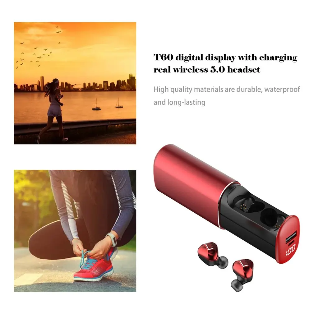 T60 Wireless Headset 5.0 Double Ear With Charging Case Headset With Digital Display Headphones In-ear Earbuds