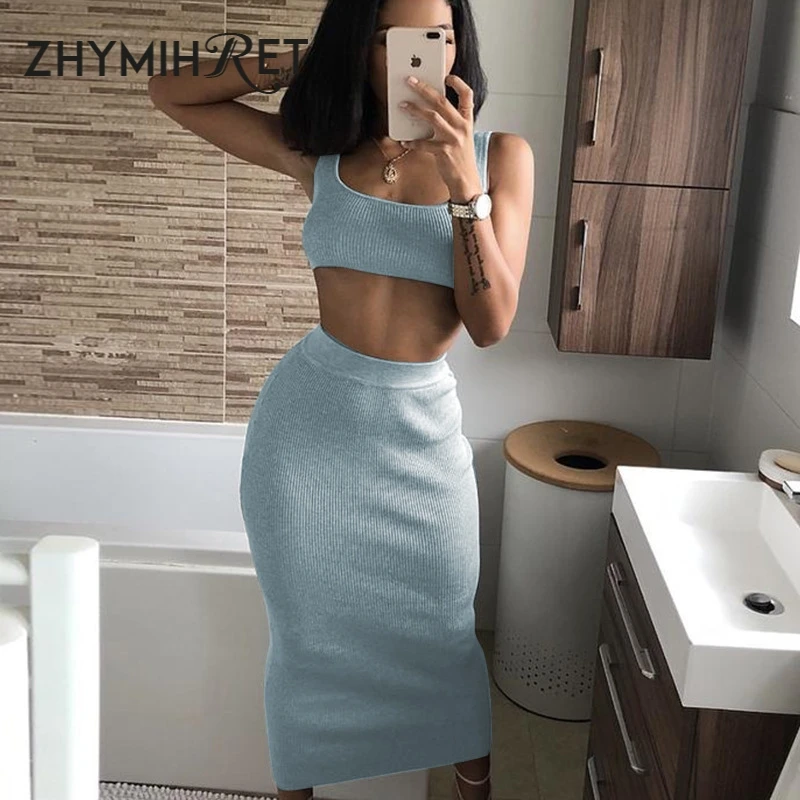 ZHYMIHRET лето 2019 неоновый цвет комплект из двух предметов платье Женский пикантный