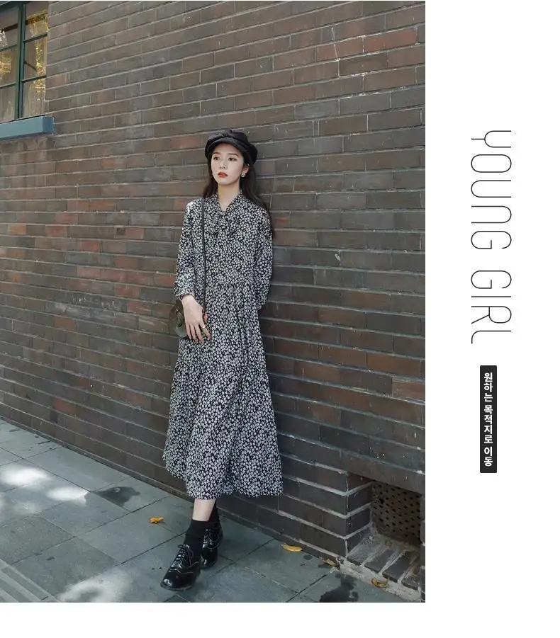 Long Sleeve Dress Women French Style Vintage Floral Leisure Mid-calf Loose V-neck Tender Classic All-match Autumn New Vestido casual dresses